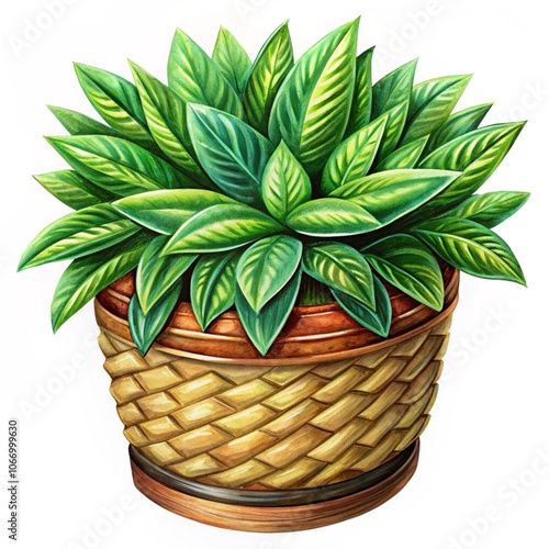 Plant in wicker pot isolated on white background
