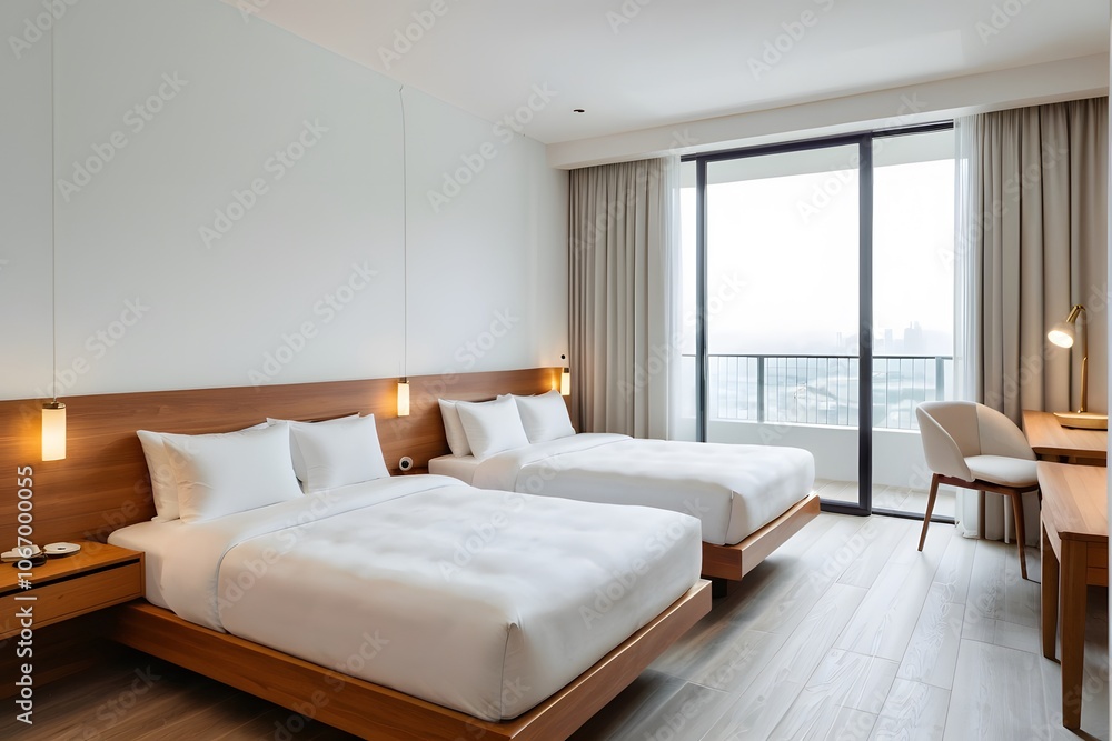A simple hotel room interior with white beds. Standard room hotel concept. A simple hotel room interior with white beds. Standard room hotel concept.