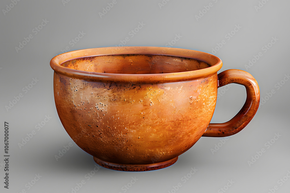 Artistic view of a rustic ceramic cup, showcasing its earthy tones and textured surface in a soft gray background. Artistic view of a rustic ceramic cup, showcasing its earthy tones and textured surface in a soft gray background.