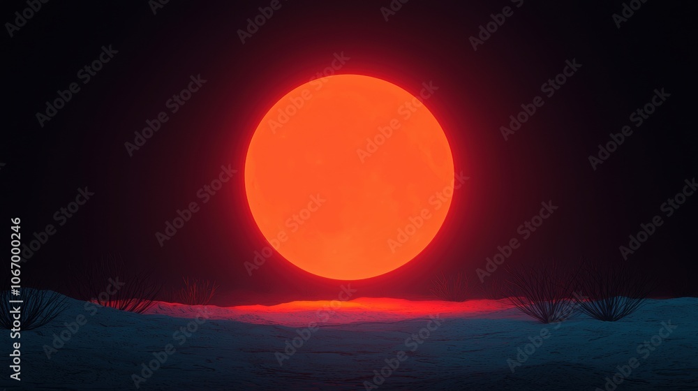 Glowing Holographic Sun Over Dark Landscape Glowing Holographic Sun Over Dark Landscape