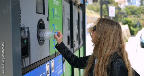 Foto Blonde woman throws empty used plastic bottle into reverse vending machine in urban block