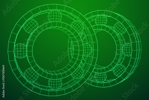 Roller bearing. Circular round rotating bearings used in industry for heavy equipment mechanical work and engineering. Wireframe low poly mesh vector illustration.