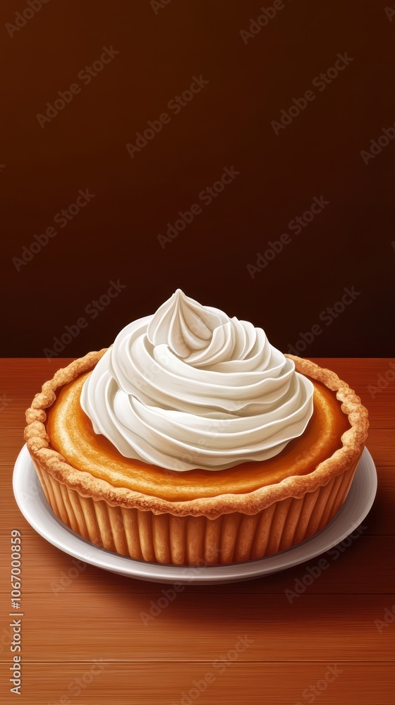 A pumpkin pie topped with whipped cream sits on a wooden table, ready to be enjoyed A pumpkin pie topped with whipped cream sits on a wooden table, ready to be enjoyed