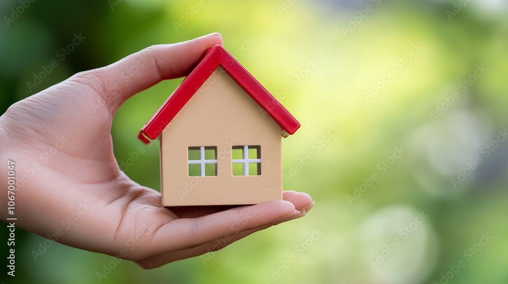 Human hand holding miniature house. Buying or renting a house Human hand holding miniature house. Buying or renting a house