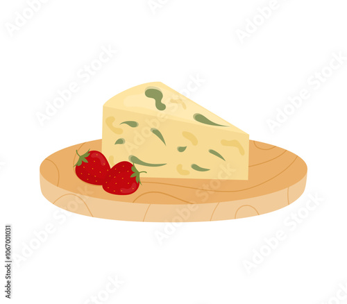 Cheese roquefort with strawberries on white background. Pieces of blue cheese on plate. Gourmet French cheese. Vector illustration.