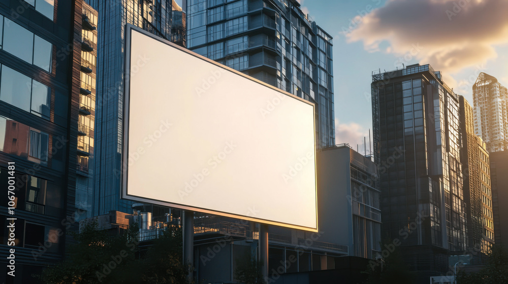 Empty billboard stands prominently on a city street during the day, surrounded by modern buildings in a busy urban environment Empty billboard stands prominently on a city street during the day, surrounded by modern buildings in a busy urban environment