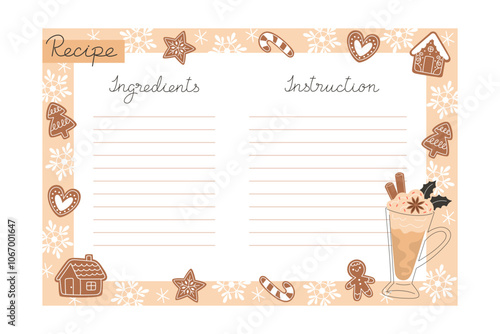 Blank recipe card for Christmas cookies with gingerbread, snowflakes, and a spiced latte illustration