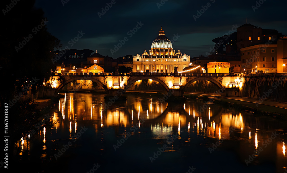 Fototapeta premium Stunning Night View of St. Peter's Basilica Illuminated by City Lights