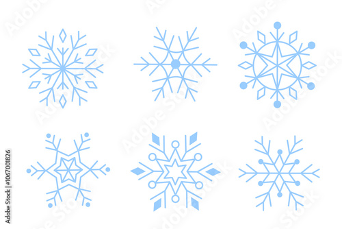 Set of various winter snowflakes in blue color
