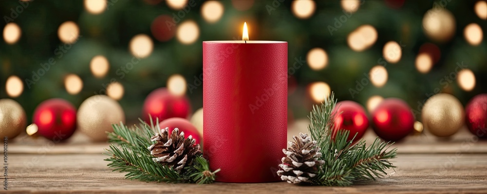 A festive red candle surrounded by pine cones and greenery, set against a blurred backdrop of colorful lights, perfect for holiday decor. A festive red candle surrounded by pine cones and greenery, set against a blurred backdrop of colorful lights, perfect for holiday decor.