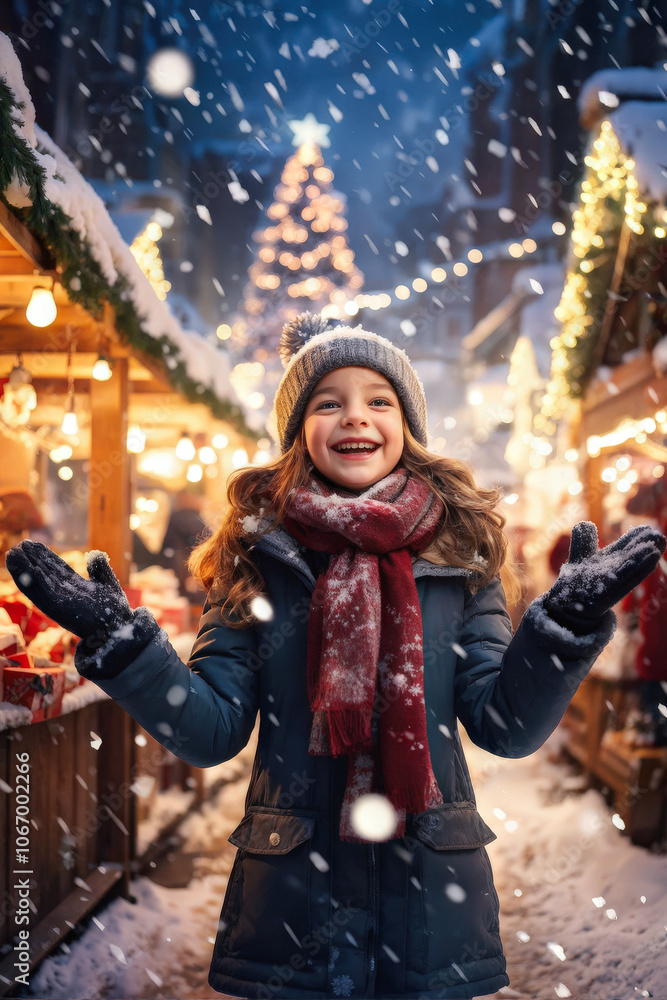 Joyful young girl at a snowy Christmas market, surrounded by festive lights and decorations. She looks up in delight as snow falls. Generative AI Joyful young girl at a snowy Christmas market, surrounded by festive lights and decorations. She looks up in delight as snow falls. Generative AI