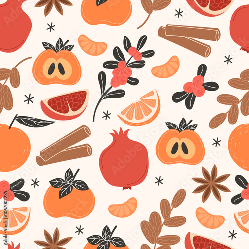 Seamless Christmas pattern with winter fruits, spices, and snowflakes