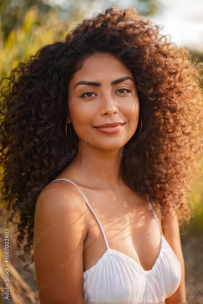 Serene portrait of a beautiful woman with glowing skin and voluminous curly hair, basking in natural sunlight. Her confident gaze exudes grace. Generative AI Serene portrait of a beautiful woman with glowing skin and voluminous curly hair, basking in natural sunlight. Her confident gaze exudes grace. Generative AI