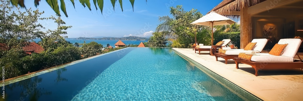 Fototapeta premium Tropical Luxury Infinity Pool Overlooking Ocean, Lush Greenery, and Thatched Roof Bungalow