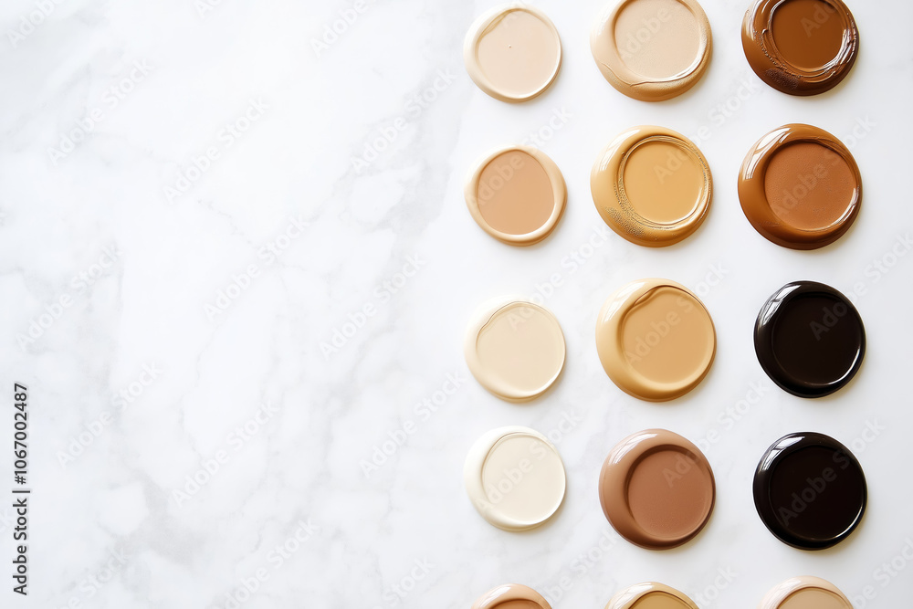 array of liquid foundation swatches on white marble surface, showcasing diverse beauty product shades array of liquid foundation swatches on white marble surface, showcasing diverse beauty product shades