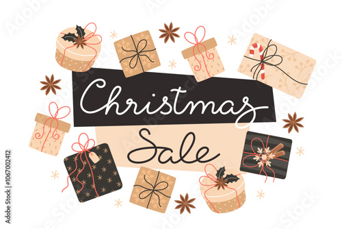 Christmas sale banner with gift boxes, anise, and snowflakes