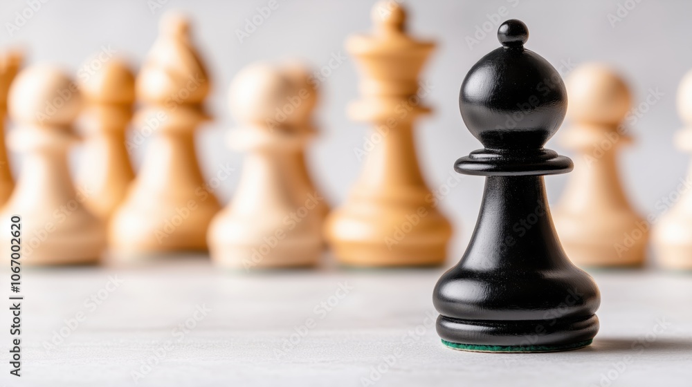 A solitary black pawn stands against a backdrop of wooden chess pieces in strategic contemplation A solitary black pawn stands against a backdrop of wooden chess pieces in strategic contemplation