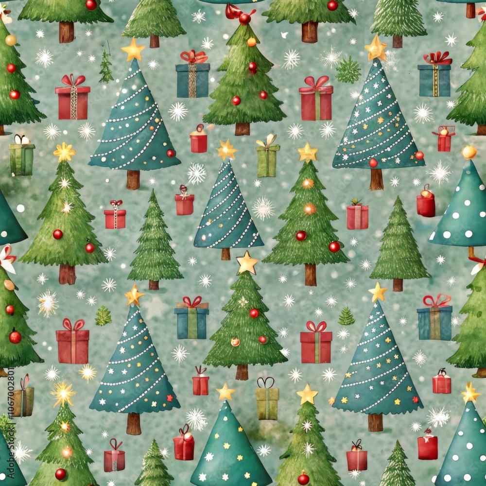 Explore a seamless pattern of christmas trees adorned with twinkling fairy lights and festive presents Explore a seamless pattern of christmas trees adorned with twinkling fairy lights and festive presents