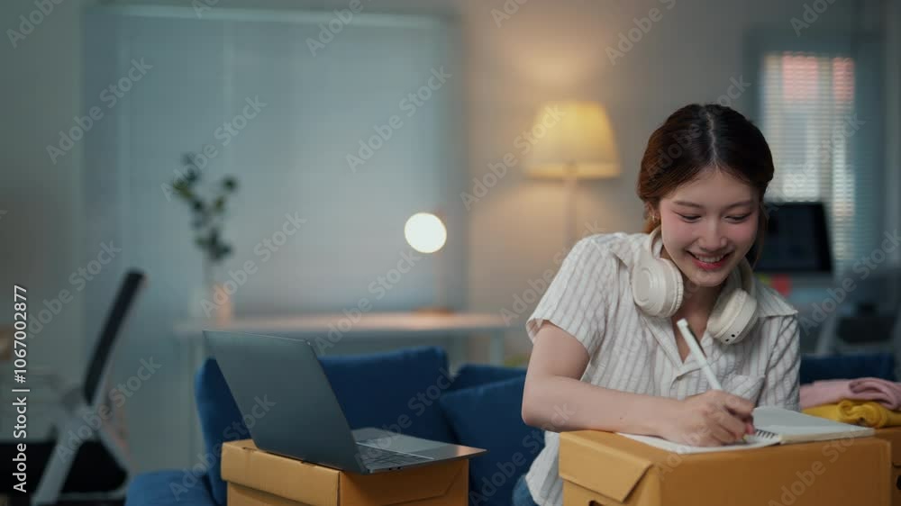 Young entrepreneur is checking an online order on a laptop and writing down details in a notebook Young entrepreneur is checking an online order on a laptop and writing down details in a notebook