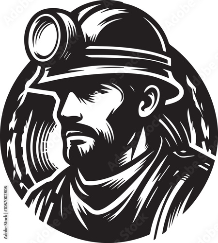 The Determined Face of Coal Mining: A Portrait of Strength. This striking black and white illustration captures the essence of a coal miner, his face framed by a headlamp and a backdrop of a mine shaf