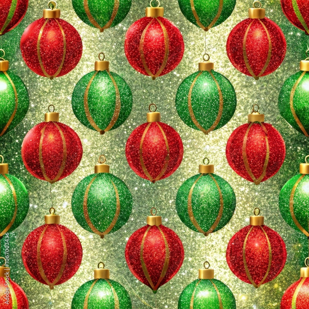 Create a festive atmosphere with a seamless pattern of red and green christmas ornaments featuring gold accents Create a festive atmosphere with a seamless pattern of red and green christmas ornaments featuring gold accents