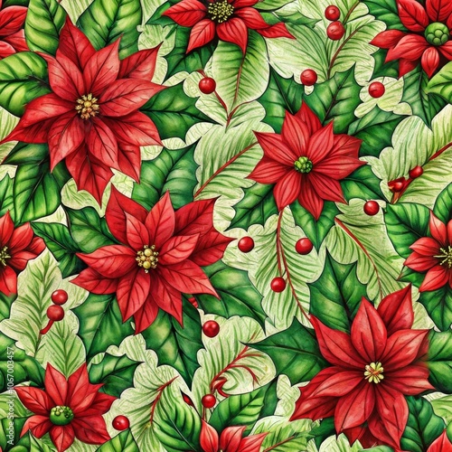 Wallpaper Mural Create a beautiful seamless pattern of red poinsettia flowers and holly sprigs for holiday decor Torontodigital.ca