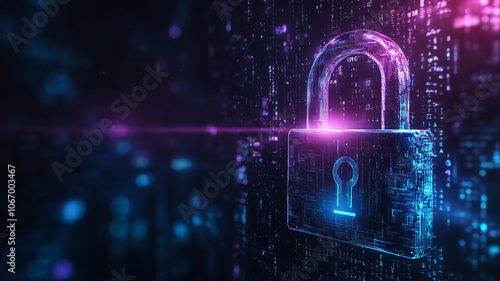 glowing digital padlock in blue and purple hues, symbolizing security and protection in virtual environment. background features abstract data streams