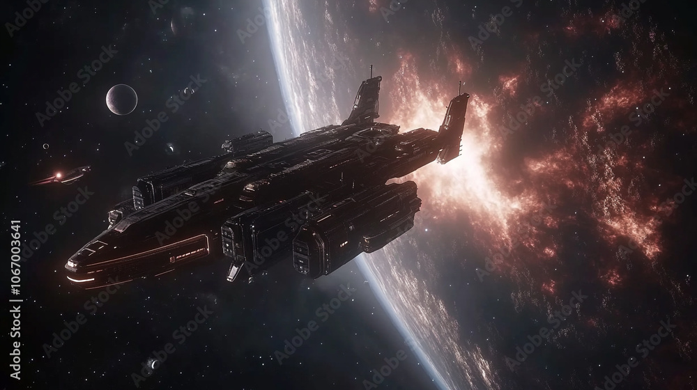 Spaceship exploring a distant planet with a cosmic nebula in the background at twilight Spaceship exploring a distant planet with a cosmic nebula in the background at twilight