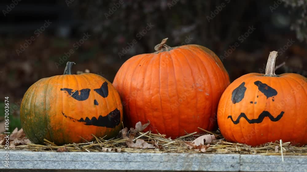 Halloween home garden decorations. 4K video with amazing professional decorations made during halloween holiday from pumpkins in different color. Painted pumpkin for Halloween. Halloween home garden decorations. 4K video with amazing professional decorations made during halloween holiday from pumpkins in different color. Painted pumpkin for Halloween.