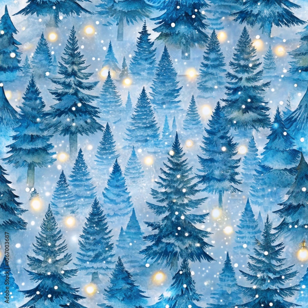 Explore the enchanting seamless pattern of snow-covered fir trees adorned with twinkling lights Explore the enchanting seamless pattern of snow-covered fir trees adorned with twinkling lights
