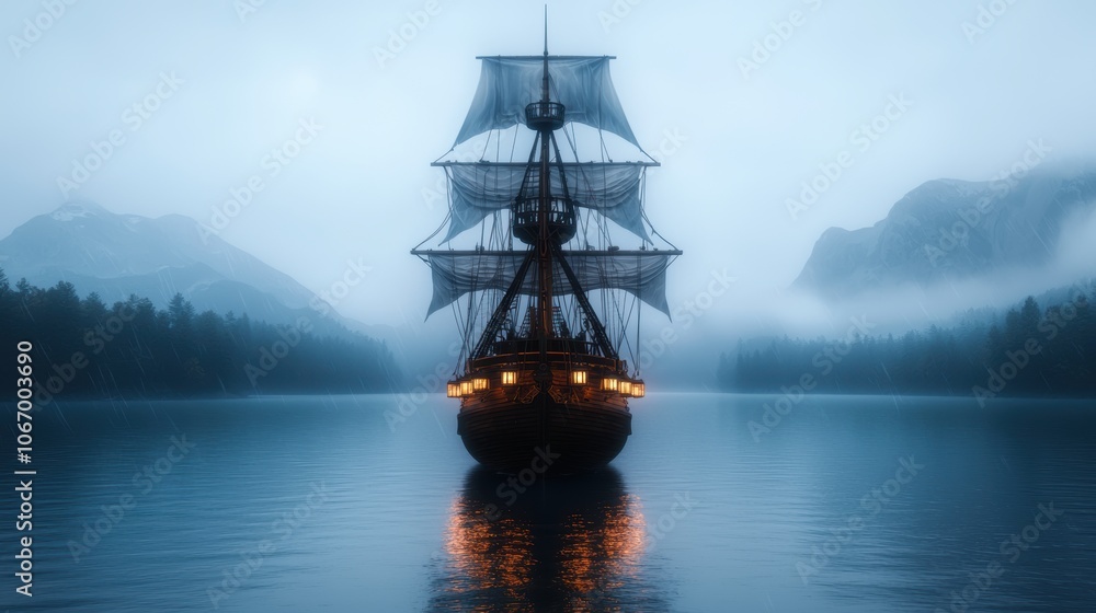 Mysterious Pirate Ship in Stormy Sea at Dusk Mysterious Pirate Ship in Stormy Sea at Dusk