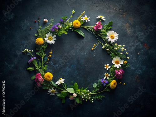 Wallpaper Mural Minimal Romantic Floral Flat Lay with Wild Spring Flowers in a Circle Wreath Design for Creative Greeting Card and Copy Space, Night Photography Style Torontodigital.ca