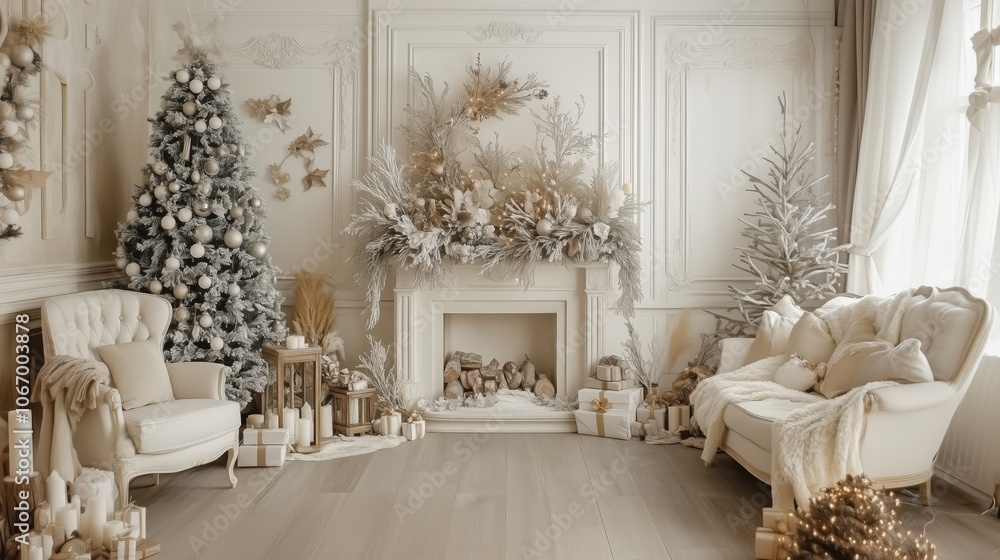 Classic living room featuring holiday trees, a fireplace adorned with candles, and a wreath for a warm Christmas setting. Classic living room featuring holiday trees, a fireplace adorned with candles, and a wreath for a warm Christmas setting.