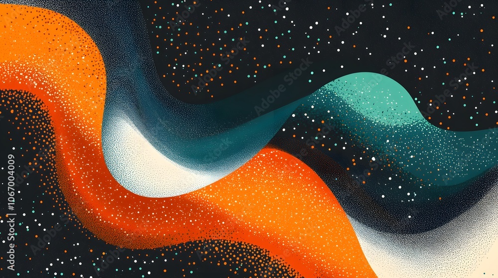 Obraz premium Abstract Wavy Shapes with Orange, Green, and White Dots on a Dark Background