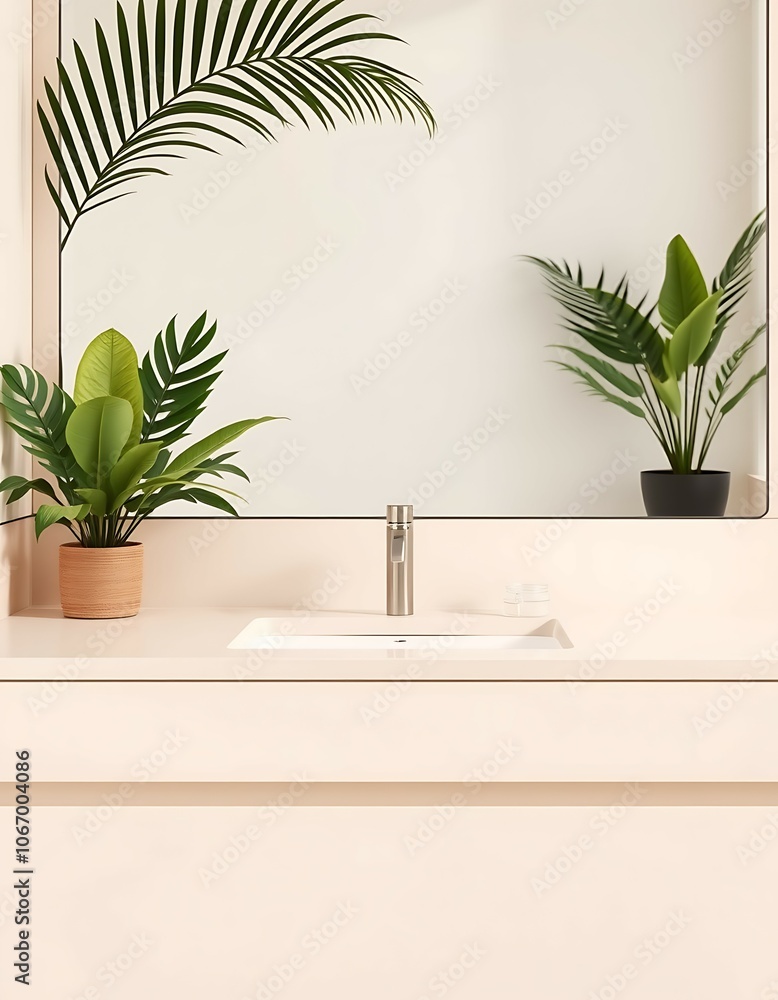 Fototapeta premium Clean Bathroom Countertop with Mirror and Plants for Social Media, Ai generated Images