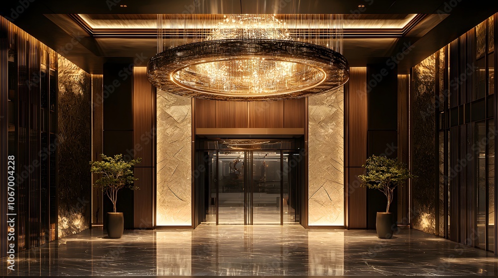 A Beautiful Entrance to a Luxury Hotel with a Gleaming Chandelier A Beautiful Entrance to a Luxury Hotel with a Gleaming Chandelier