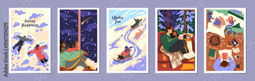 Set of cozy winter postcard. Cards design with happy people and kids spend time together at Xmas. Families, friends, couples have fun outdoors and indoors at Christmas. Flat vector illustrations