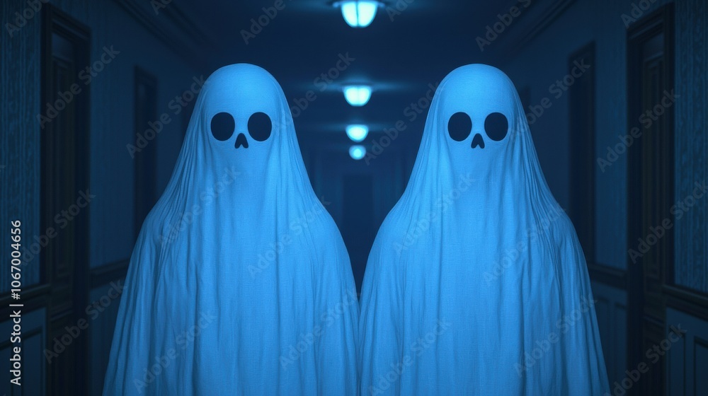Ghostly Figures in a Haunted Mansion Hallway Ghostly Figures in a Haunted Mansion Hallway