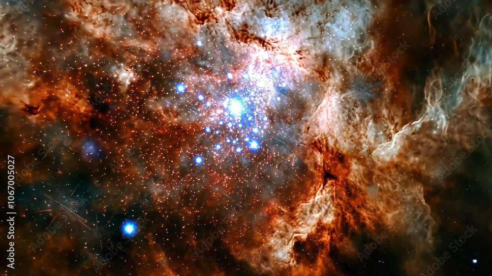 A cluster of stars shines brightly in the center of this nebula, surrounded by clouds of gas and dust A cluster of stars shines brightly in the center of this nebula, surrounded by clouds of gas and dust