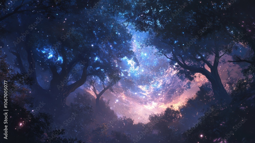 Fototapeta premium Silhouetted Trees Under a Starry Night Sky