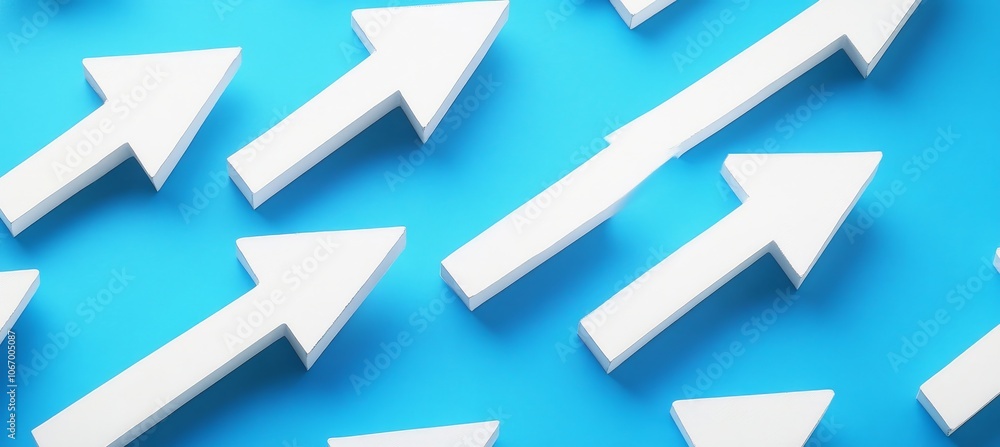 Multiple White Arrows Pointing Upwards On A Vibrant Blue Background, Symbolizing Progress And Growth Multiple White Arrows Pointing Upwards On A Vibrant Blue Background, Symbolizing Progress And Growth