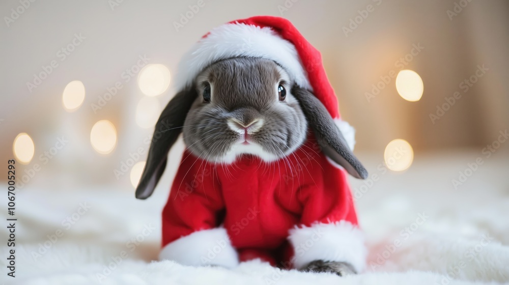 Charming bunny dressed in Santa Claus attire, surrounded by soft lights and holiday warmth. Charming bunny dressed in Santa Claus attire, surrounded by soft lights and holiday warmth.