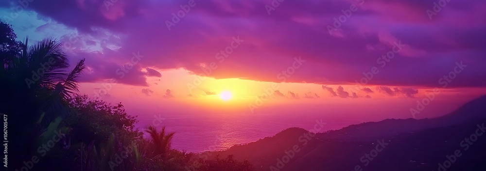 Vibrant Sunset Over a Mountainous Coastline with Palm Trees Vibrant Sunset Over a Mountainous Coastline with Palm Trees