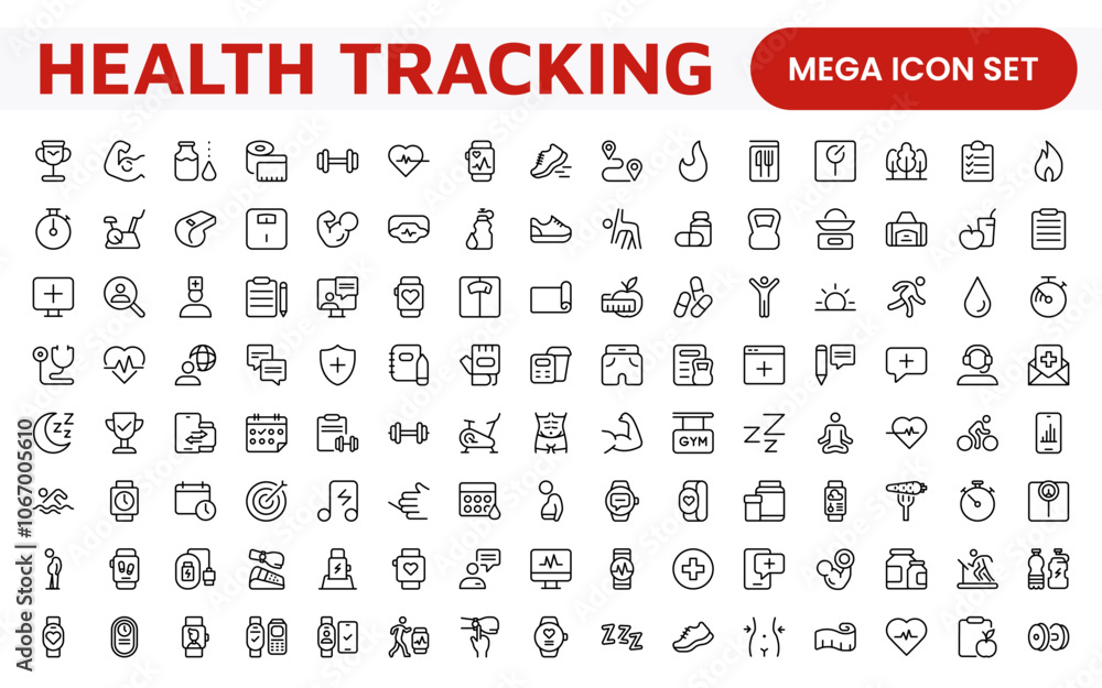 Health Tracking Icon Set. Clean and modern icons for fitness, wellness, and medical apps, perfect for tracking workouts, nutrition, vitals, and overall well-being in a user-friendly way. Health Tracking Icon Set. Clean and modern icons for fitness, wellness, and medical apps, perfect for tracking workouts, nutrition, vitals, and overall well-being in a user-friendly way.
