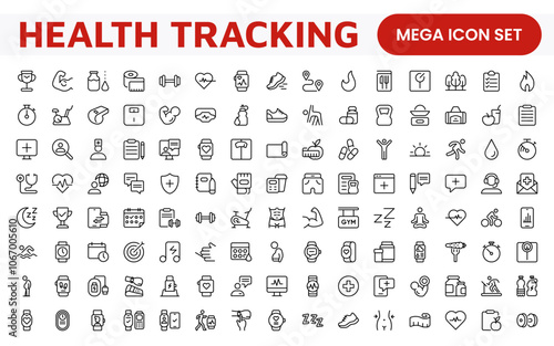 Health Tracking Icon Set. Clean and modern icons for fitness, wellness, and medical apps, perfect for tracking workouts, nutrition, vitals, and overall well-being in a user-friendly way.