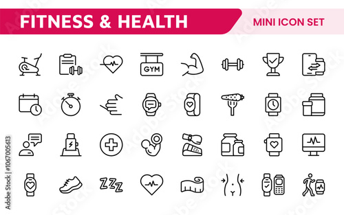 Health Tracking Icon Set. Clean and modern icons for fitness, wellness, and medical apps, perfect for tracking workouts, nutrition, vitals, and overall well-being in a user-friendly way.