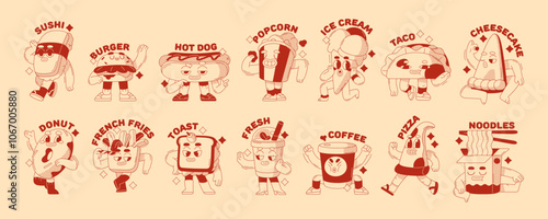 Funky fast food characters set. Different fastfood in groovy style have fun. Happy mascots of sushi, pizza, burger, noodle, hot dog, drinks on stickers. Flat isolated outline vector illustrations