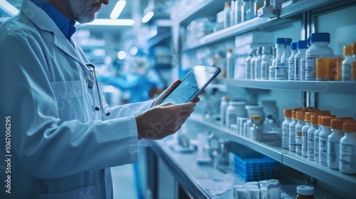 Pharmacist using digital tablet in modern pharmacy