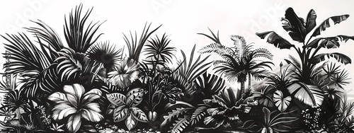 A vibrant black and white illustration showcasing diverse tropical plants, featuring large leaves and intricate details, evoking a lush and exotic atmosphere.