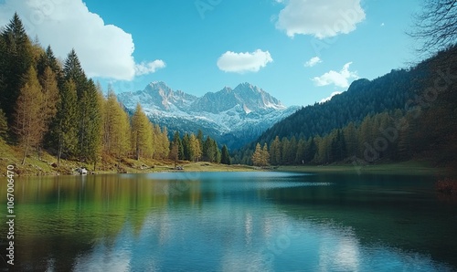 Breathtaking view of Fusine lake with Mangart peak on background. Popular travel destination of Mediterranean sea. Location: Tarvisio comune , spring